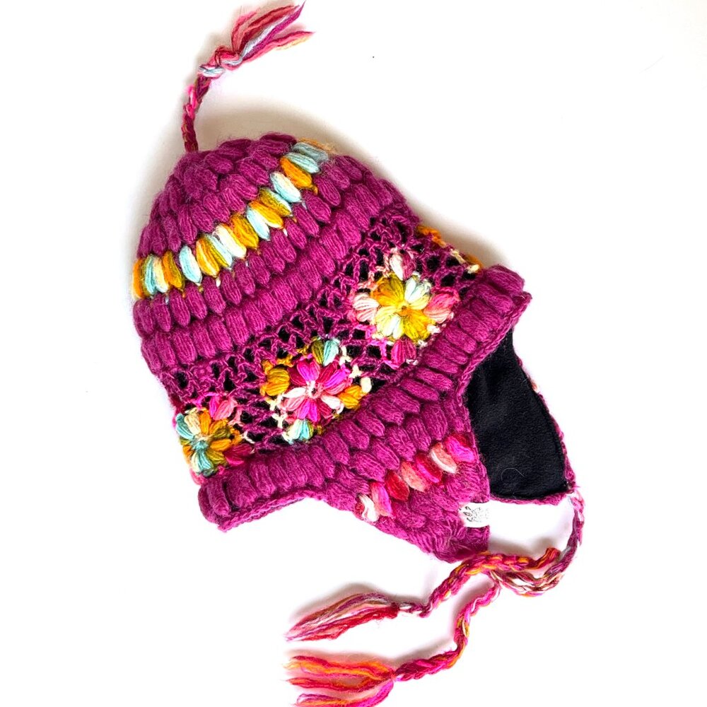Nirvanna Designs Pink Hand Knit Crochet Floral Wool Earflap Hat
